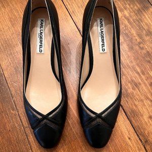 Karl Lagerfeld Paris Womens Black Mesh Trim Pumps with Gold inlay Heels/ Size: 8
